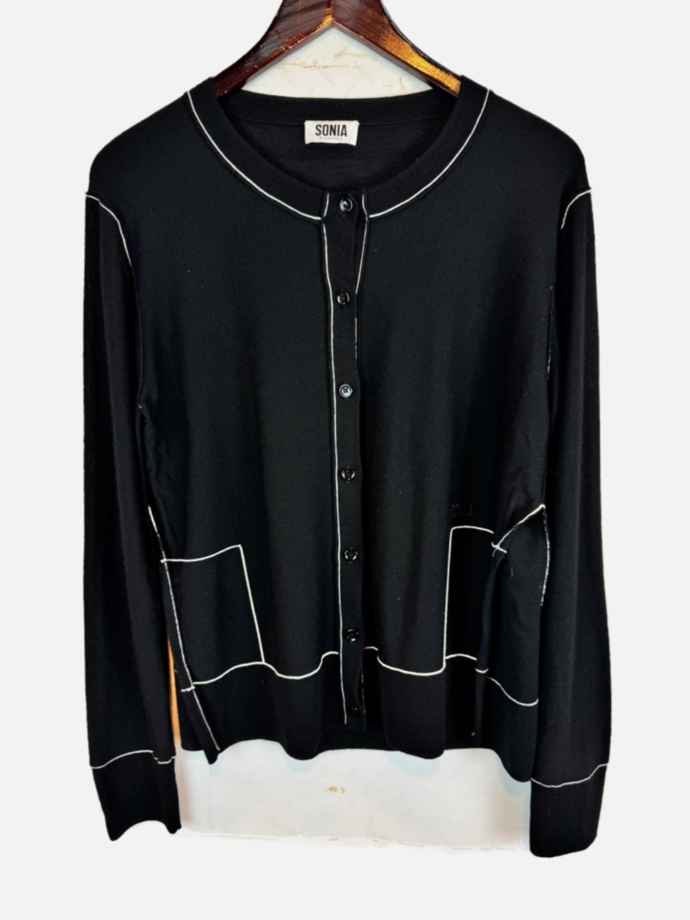 Sonia by Sonia Rykiel | Black Cardigan with White Piping, L